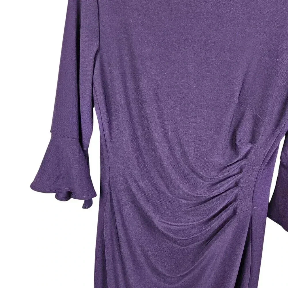 Anne Klein Purple Rouched 3/4 Bell‎ Sleeve Cocktail Evening Dress Size Medium